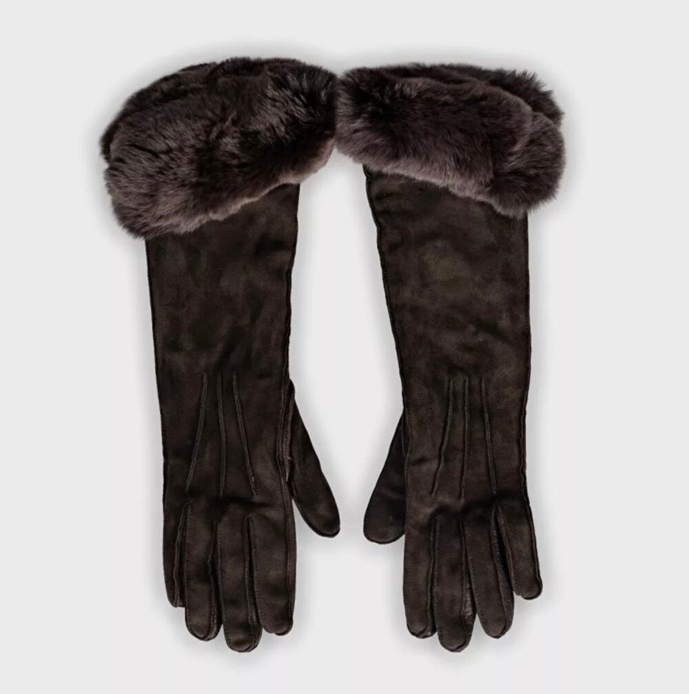Loro Piana Brown Leather Suede Chinchilla Fur Gloves Sz.S